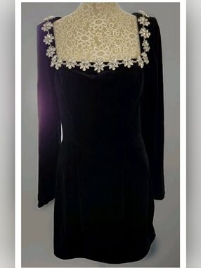 NWT  Black Velvet Dress with Embellished Square Neckline Size 6